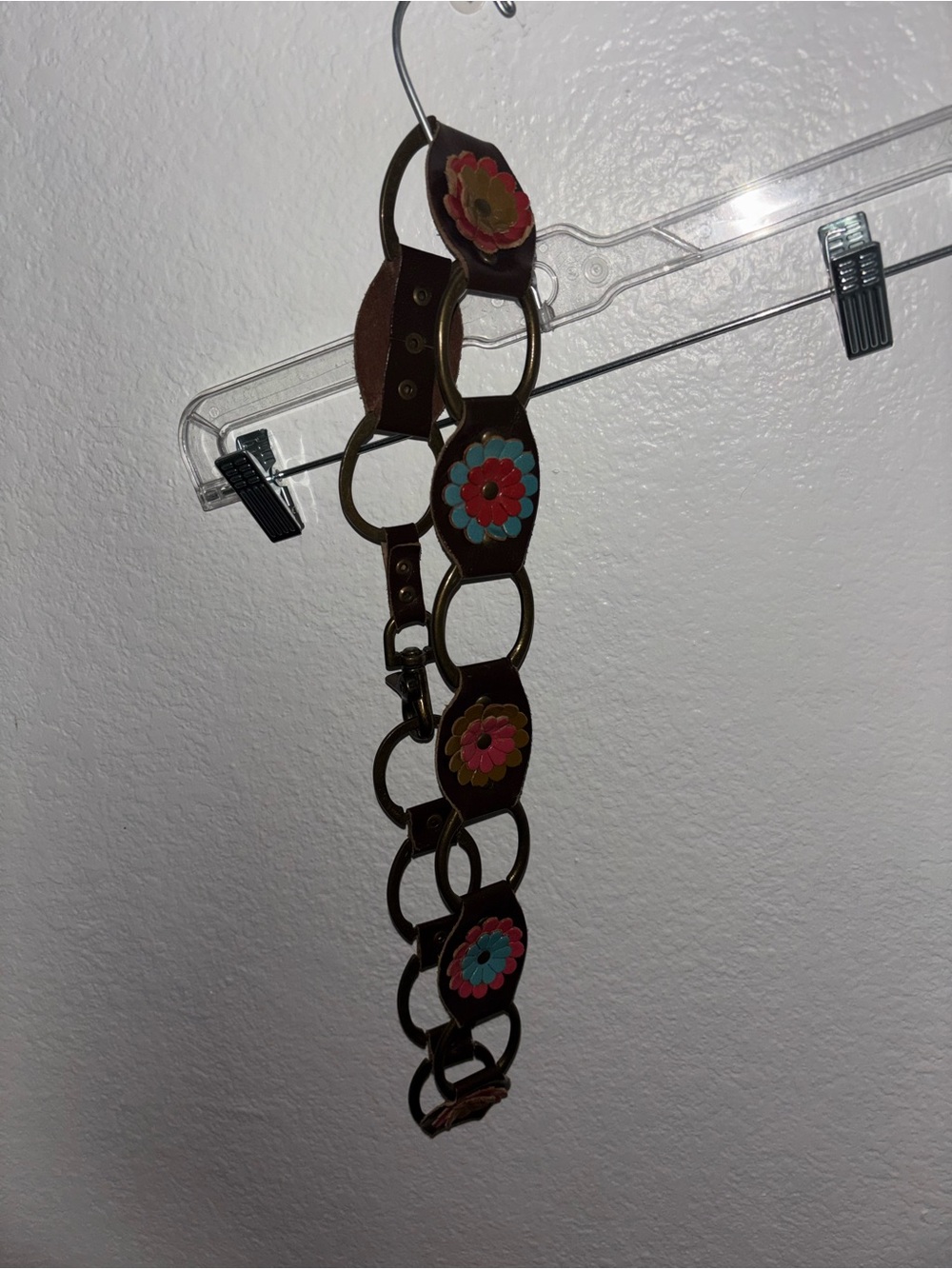 Women’s Boho Brass and Leather Link Belt - Multi-Color Flower Accents